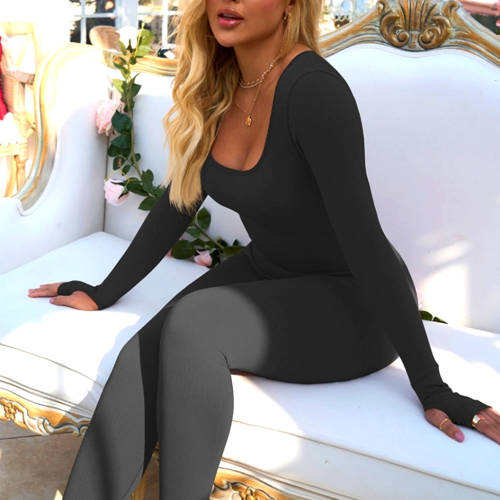 OQQ Women Long Sleeve Yoga Jumpsuits Workout Ribbed Bodysuits Pants Sexy